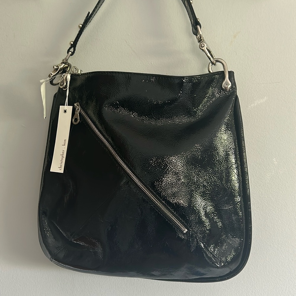 NWT Christopher Kon Black Patent , leather shoulder  bag/ silver zipper